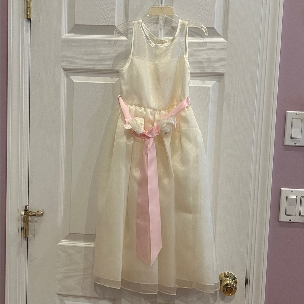 Girls Cream Communion Dress with Pink Sash